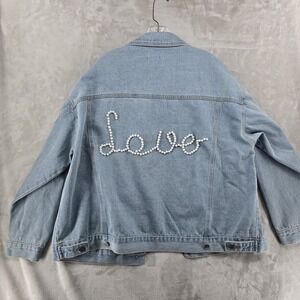 POL Size L Denim Oversized Pearl Embellished Love Jean Jacket